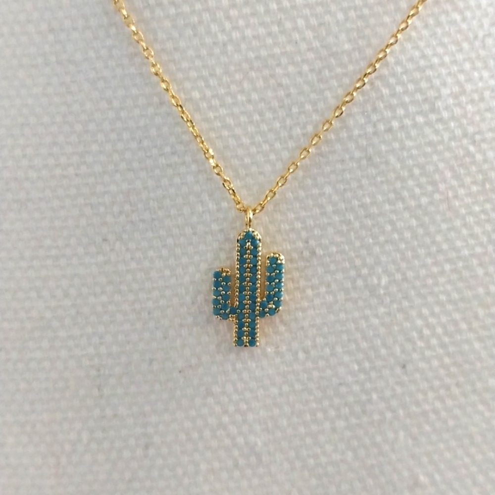 Cute goldtone and green rhinestone cactus necklace New